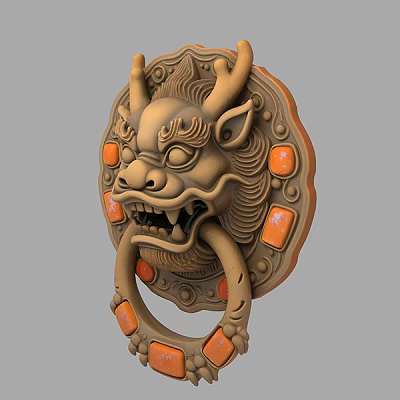 Traditional Brass Door Knocker With Dragon Shaped Carving And Orange Decorations 3d model