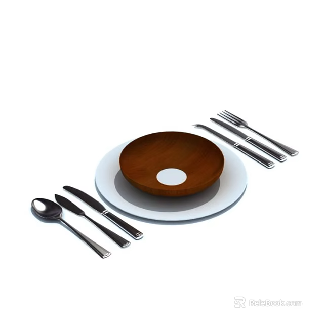 Tableware Set Including White Plate Wooden Bowl And Stainless Steel Knife Fork Spoon 3d model 