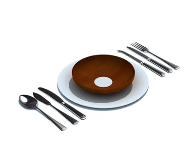 Tableware Set Including White Plate Wooden Bowl And Stainless Steel Knife Fork Spoon 3d model