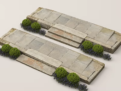 Natural Stone and Wood Pathway with Green Bushes on Both Sides 3d model