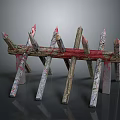 Rustic Wooden Spiked Obstacle With Crossed Planks Red Stains And Sharp Spikes