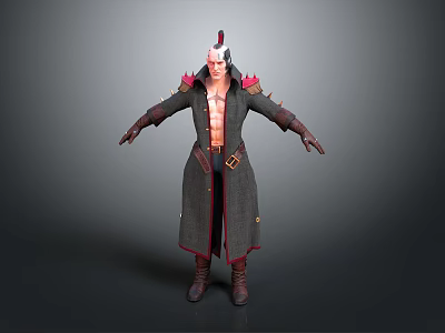 Man In Fantasy Character Design With Long Coat Red Accents And Feathered Headdress 3d model