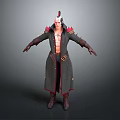 Man In Fantasy Character Design With Long Coat Red Accents And Feathered Headdress