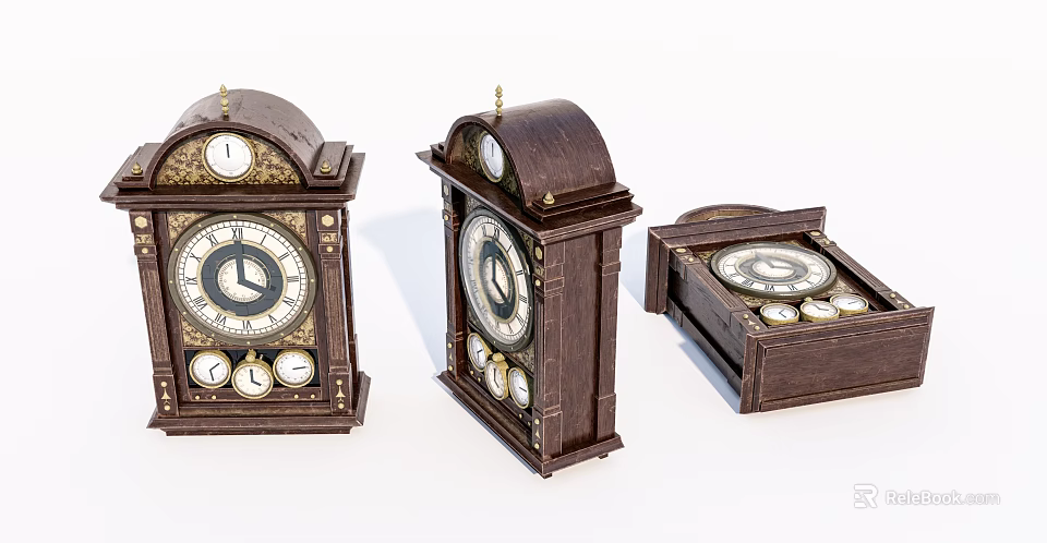 Three Vintage Wooden Table Clocks With Round Dials And Metal Decorations 3d model 