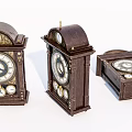 Three Vintage Wooden Table Clocks With Round Dials And Metal Decorations