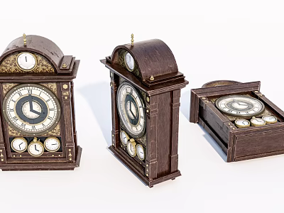 Three Vintage Wooden Table Clocks With Round Dials And Metal Decorations 3d model