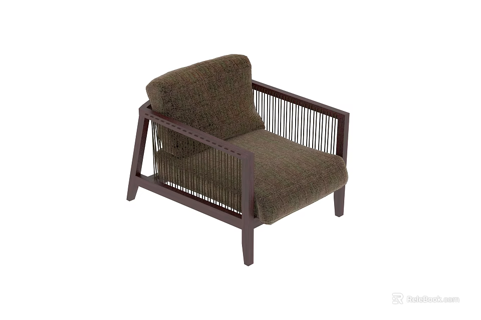 Modern Brown Fabric Single Sofa With Dark Wooden Frame And Vertical Striped Armrest 3d model 