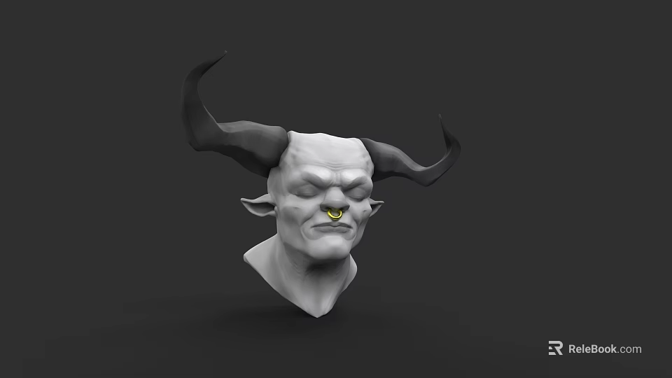 3D Game and Movie Character Demon Head with Horns Pointed Ears and Yellow Teeth 3d model 