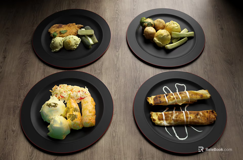 Assorted Delicious Food Plates With Fried Items Fresh Vegetables And Creamy Sauces 3d model 