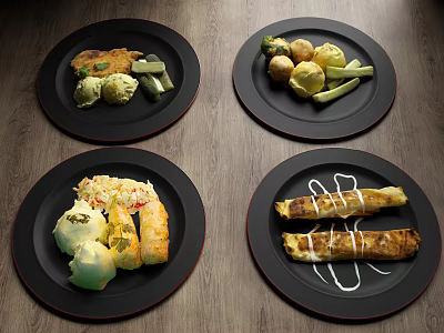 Assorted Delicious Food Plates With Fried Items Fresh Vegetables And Creamy Sauces 3d model