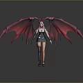 Fantasy Woman With Red Demon Wings Horns Long White Hair And Blue Combat Outfit