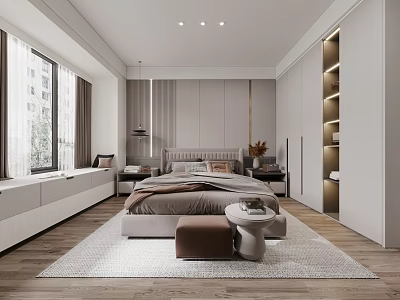 Modern Bedroom Interior With King Size Bed Area Rug Built in Wardrobe And Window Curtains 3d model