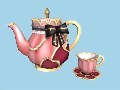 Pink Tea Set With Teapot Teacup Saucer Gold Accents Black Bow And Lace Trim 3d model