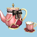 Pink Tea Set With Teapot Teacup Saucer Gold Accents Black Bow And Lace Trim