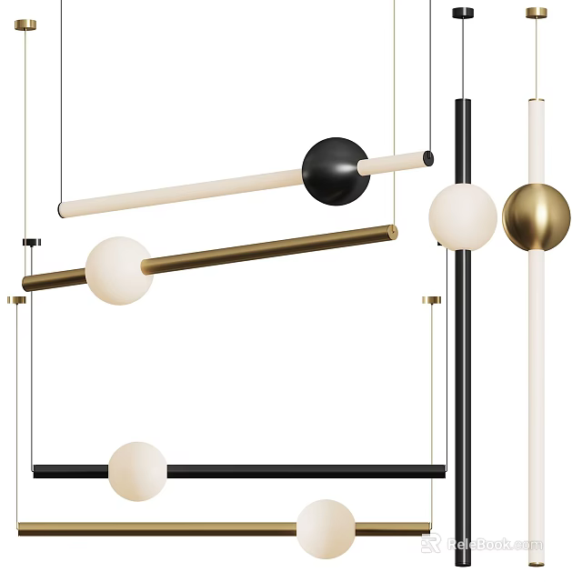 Modern Contemporary Pendant Lights With Spherical And Bar Shapes In Black Brass And White 3d model 