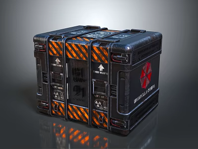 Black Medical Supplies Box With Orange Stripes And Red Warning Logo 3d model
