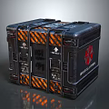 Black Medical Supplies Box With Orange Stripes And Red Warning Logo