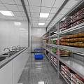Commercial Kitchen With Stainless Steel Refrigerators Worktables Sinks White Tiled Walls And Metal Shelving Racks