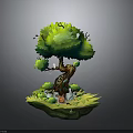 Lush Green Tree With Brown Trunk Grass Mushrooms And Small Animals On Floating Island