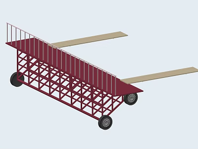 Mobile Industrial Equipment With Red Metal Frame Ramp Railings And Wooden Planks 3d model