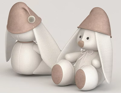 Cute White Rabbit Dolls With Long Ears Brown Hats And Brown Feet 3d model