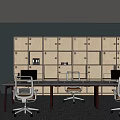 Modern Public Office Space With Long Work Desks Ergonomic Chairs And Wooden Lockers
