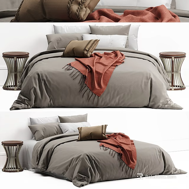 Double Bed With Gray Bedspread Orange Blanket Pillows And Woven Bedside Tables 3d model