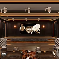 Elegant KTV Interior Design With Dark Wooden Decor Arched Bookshelves Sofa Area And Wall Art