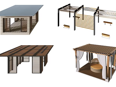 Outdoor Modern Wooden Pergola Designs With Open Roof Curtains And Seating 3d model