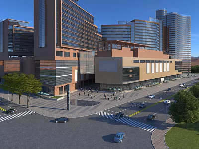 Modern Urban Commercial Complex with Tall Buildings Plaza Pedestrians and Vehicles 3d model