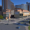 Modern Urban Commercial Complex with Tall Buildings Plaza Pedestrians and Vehicles