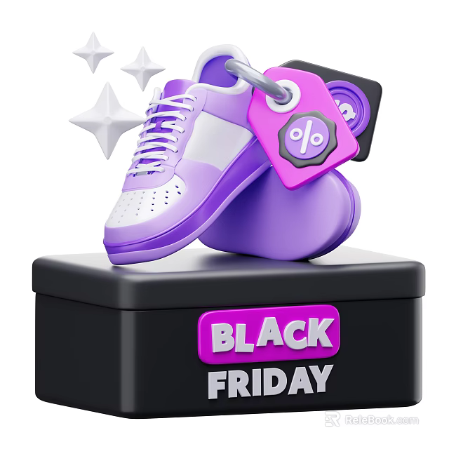 Purple Shoes With Pink Tag And Stars On Black Box For Black Friday Discount Percentage 3d model 