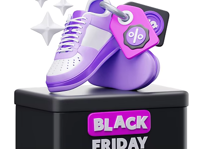 Purple Shoes With Pink Tag And Stars On Black Box For Black Friday Discount Percentage 3d model