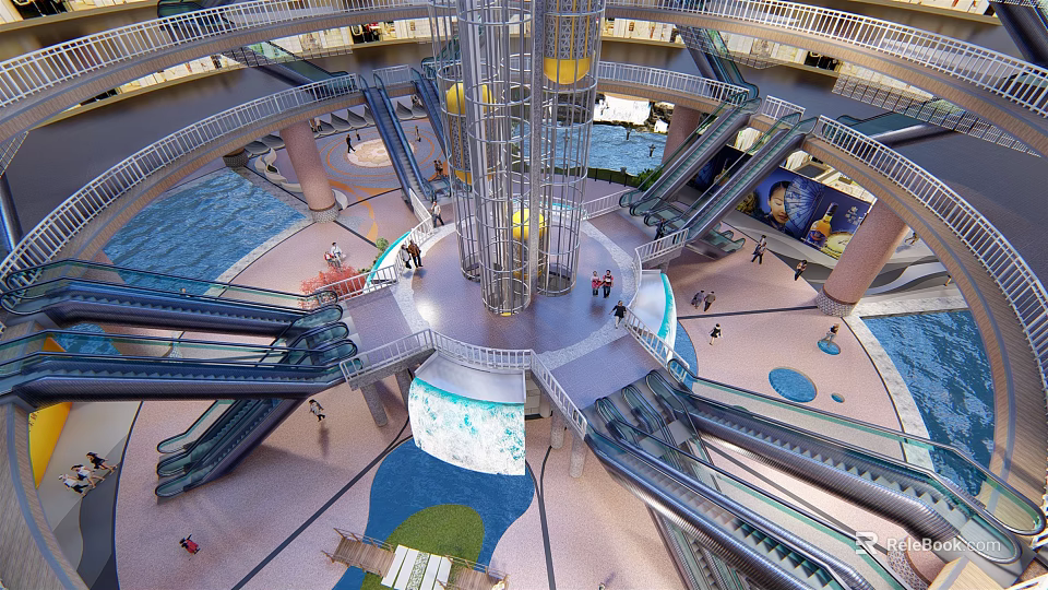 Spacious Hotel Lobby With Central Glass Elevator Multiple Escalators Water Features And Greenery 3d model 
