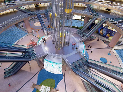 Spacious Hotel Lobby With Central Glass Elevator Multiple Escalators Water Features And Greenery 3d model