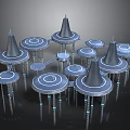 Futuristic Sci Fi Tower Structures With Conical Tops Circular Bases Concentric Patterns And Slender Pillars 3d model
