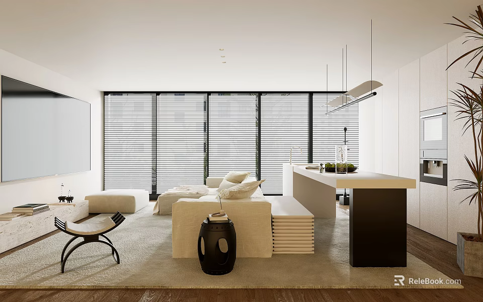 Modern Living Room Interior With Large Windows Blinds White Sofa And Wooden Floors 3d model 