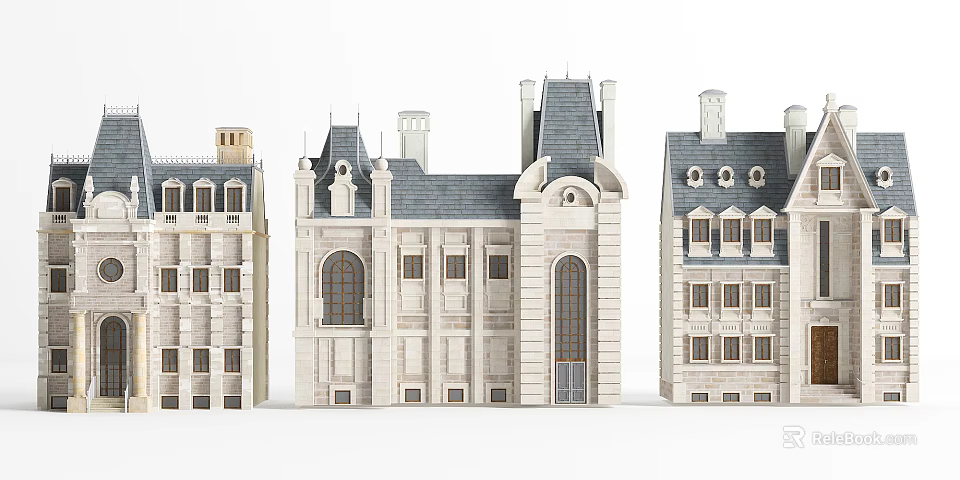 European Classical Detached Villa With Gabled Roof Arched Windows And Stone Facade 3d model 