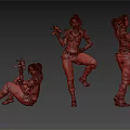 Three Poses Of Female 3D Game Character With Red Hair Holding Weapons And Tactical Gear
