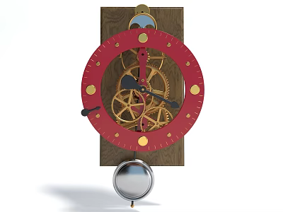 Vintage Mechanical Clock with Red Dial Gold Gears Wooden Backplate and Silver Pendulum 3d model