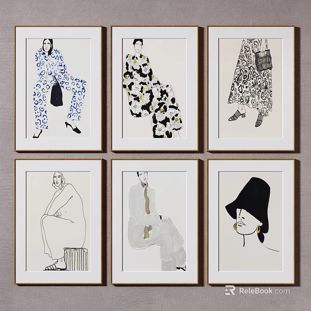 Six Minimalist Framed Figure Paintings With Line Art And Stylish Attire 3d model 