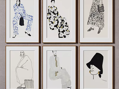 Six Minimalist Framed Figure Paintings With Line Art And Stylish Attire 3d model