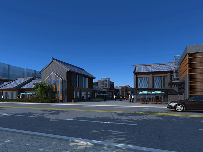 Traditional Commercial Street Featuring Classic Architecture Pedestrians Outdoor Café Seating Parked Cars Under Blue Sky 3d model