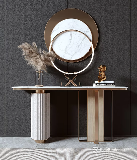 Stylish Console Table With Round Marble Mirror Gold Accents And Pampas Grass 3d model 