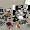 Dinnerware Set With Kitchen Appliances Fruits Vegetables Spices And Utensils On Countertop