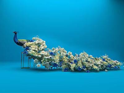 Decorative Peacock Sculpture With White And Blue Flower Arrangement On Blue Background 3d model