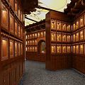 Buddhist Temple Interior Featuring Golden Buddha Statue Wooden Cabinets And Colorful Glass Ceiling