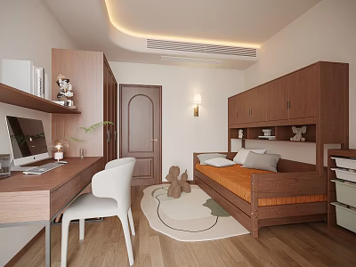 Cozy Bedroom Interior With Wooden Cabinets Desk Computer White Chair And Orange Mattress Bed 3d model