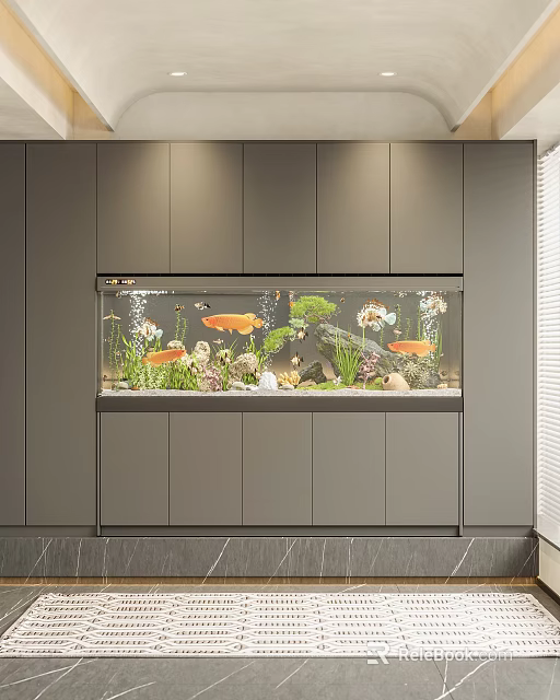 Modern Aquarium Fish Tank with Colorful Fish Aquatic Plants and Decorations in Gray Cabinet 3d model 