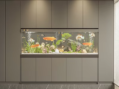 Modern Aquarium Fish Tank with Colorful Fish Aquatic Plants and Decorations in Gray Cabinet 3d model